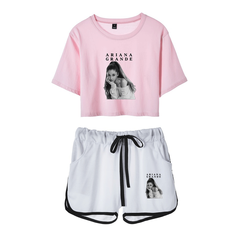 Ariana Grande Short-Sleeved Shirts Shorts Suit Lightweight Two Piece Outfit Set Summer Girl Wear