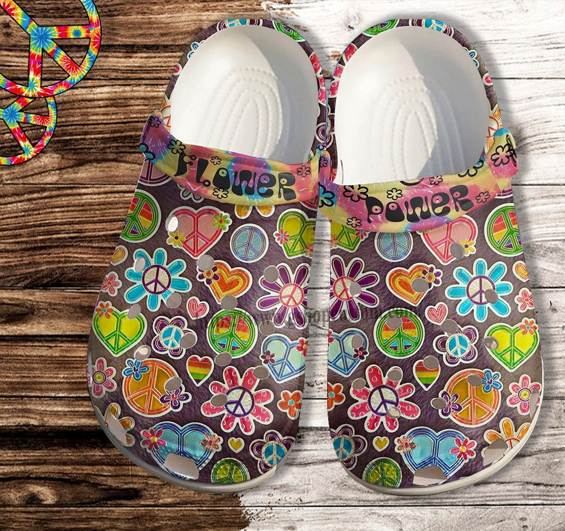 Heart Hippie Peace Flower Sticker Croc Shoes For Women- Hippie Flower World Shoes Croc Clogs- Cr-Ne0325