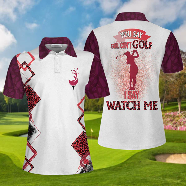 You Say Girl Can’T Golf So Watch Me Leopard Golf Short Sleeve Women Polo Shirt, Plum Purple Wine Drinking Golf Shirt For Ladies Coolspod