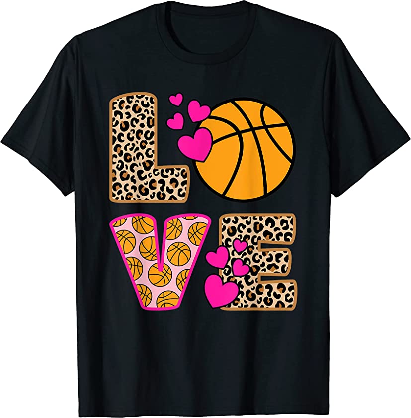 Cute Love Basketball Leopard Print Women Girls Basketball T-Shirt