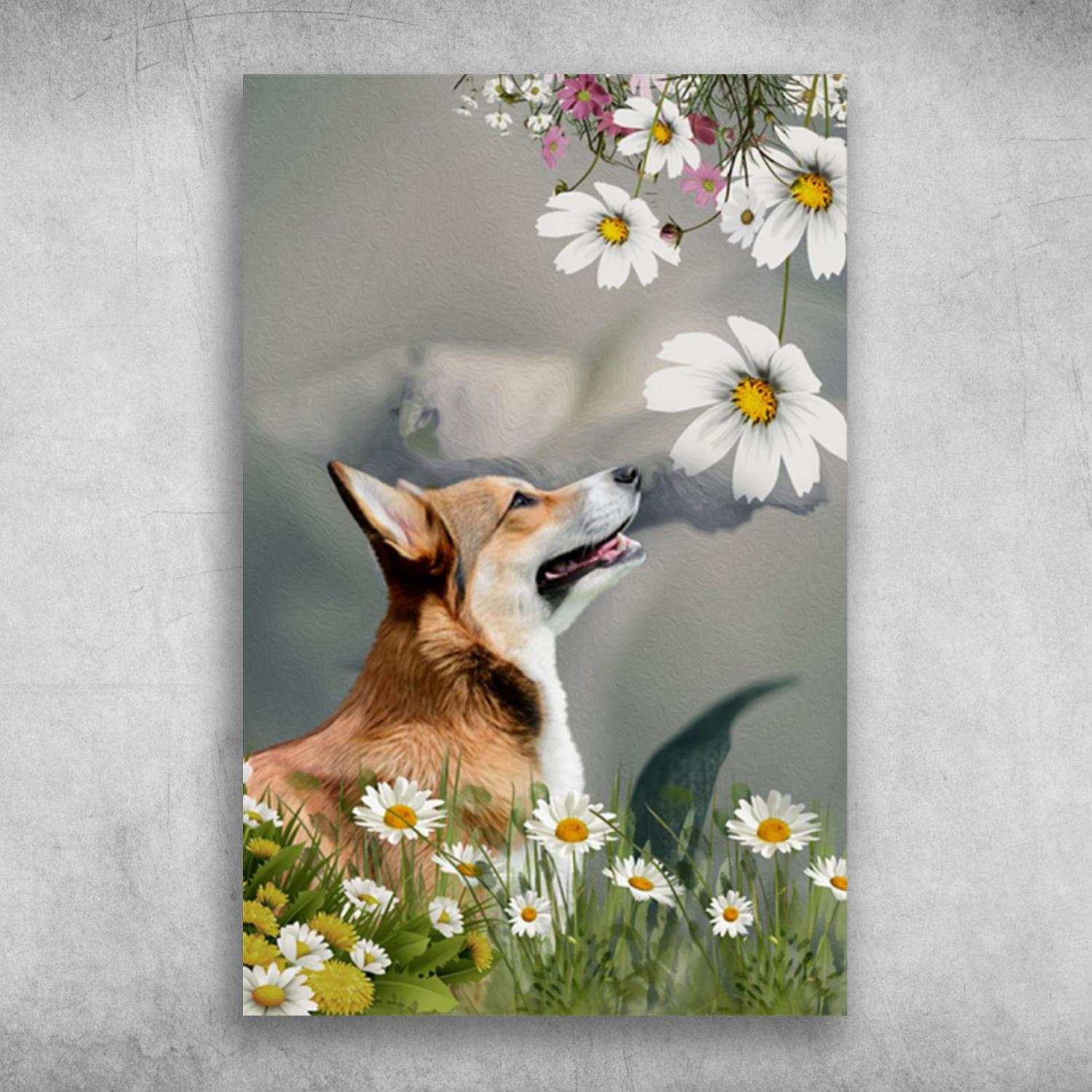 Cute Pet With Beautiful Flower We Love Corgi Dog Poster Print Wall Art Canvas Wall Decor