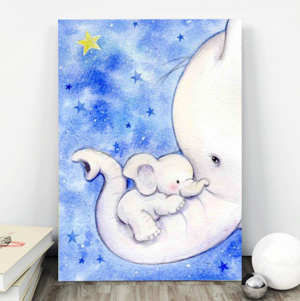 Blue Sky Baby And Mom Elephant Be Happy Canvas Art And Poster