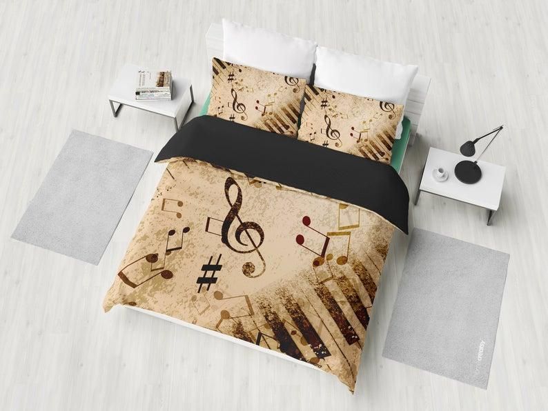 Brown Tan Vintage Piano Music Musical Notes Bedding SetDuvet Cover 2 Pillow Cases Bedroom Decor Bedroom Set Twin Full QueenKing