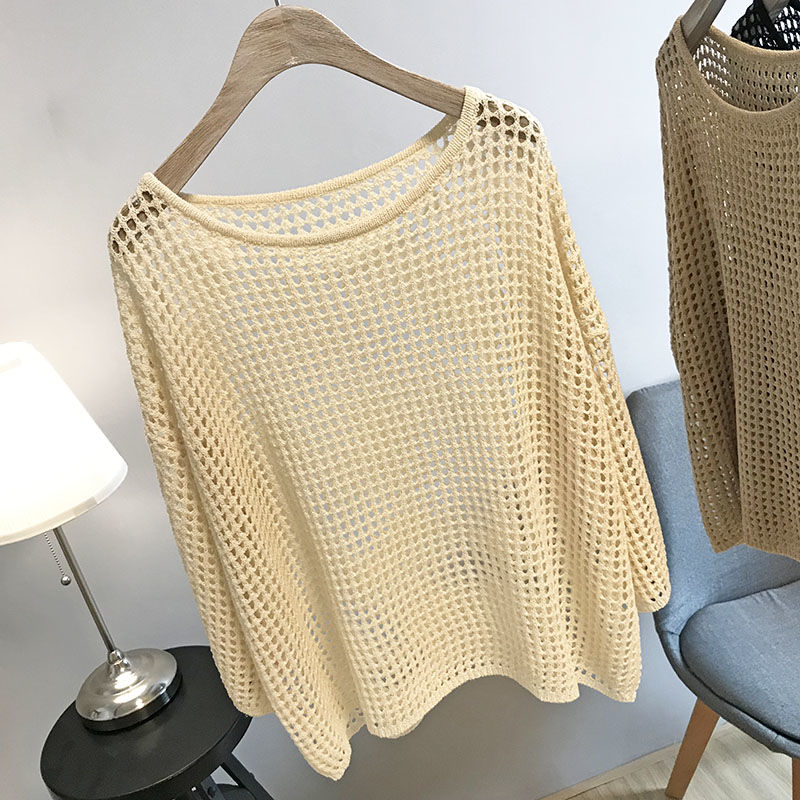 Summer Knit Mesh Sweaters Hollowed Out T-shirts Korean Long Bat Sleeve O-neck Tops Sunscreen Tees Off-white Mujer Pullover Women alx