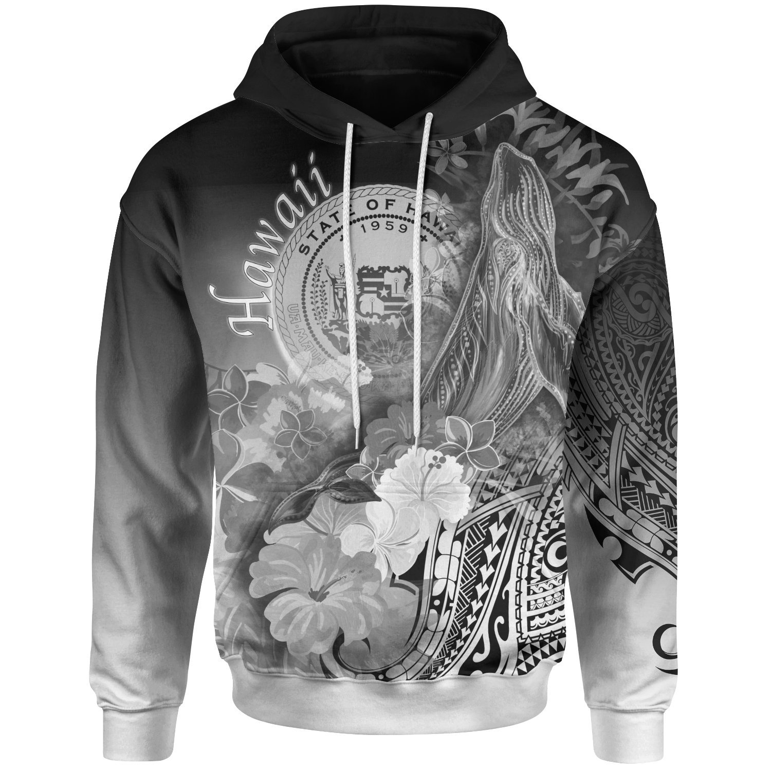 Polynesian Hawaii Hoodie – Humpback Whale with Tropical Flowers (White)- Pacific Print Hoodie