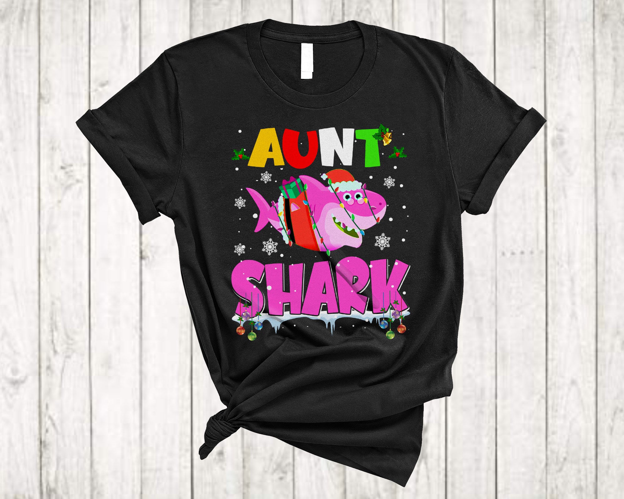 Christmas Shark Shirt Aunt Shark Cute Christmas Light Santa Shark Matching Family Group Gifts T-Shirt