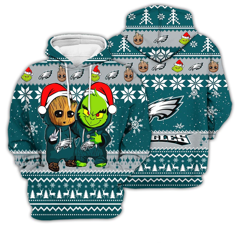 Philadelphia Eagles Baby Groot And Grinch Best Friends Football American Ugly Christmas Sweater New Trends For Fans Club Gifts Unisex 3D Hoodie