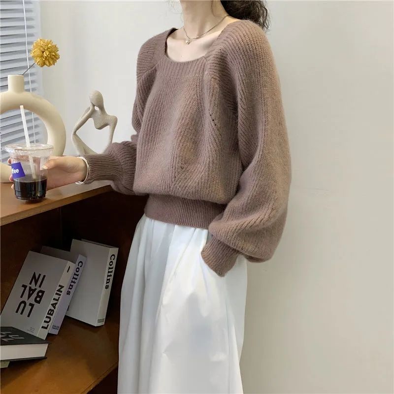 Autumn Solid Color Inside Chic Top Women New Classic Square Collar Long Sleeve Knitting Shirt Loose Fashion Office Sweaters 2022 alx