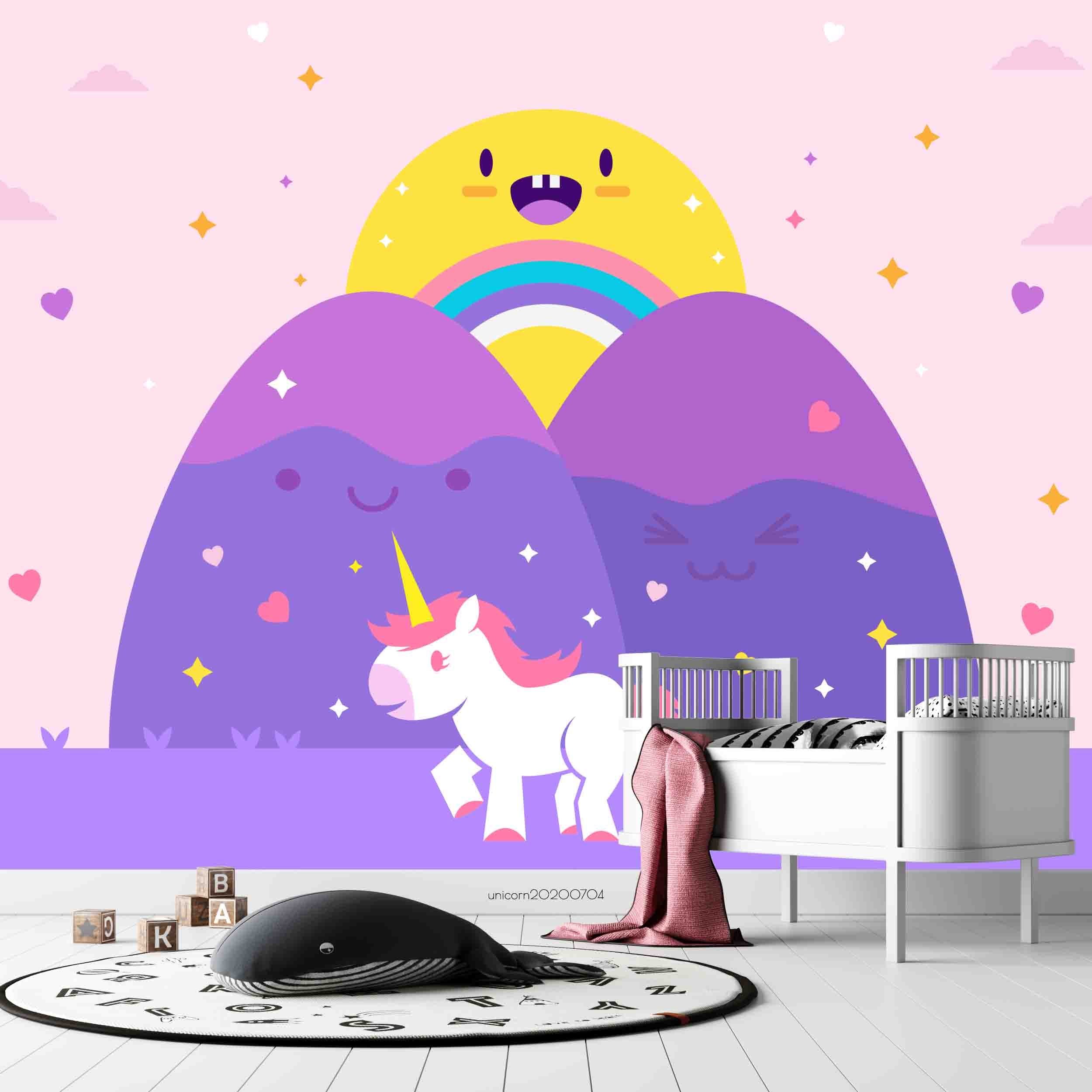 3D Cartoon Little Pink Unicorn  Smiley Sun Wall Mural Wallpaper Lxl 185