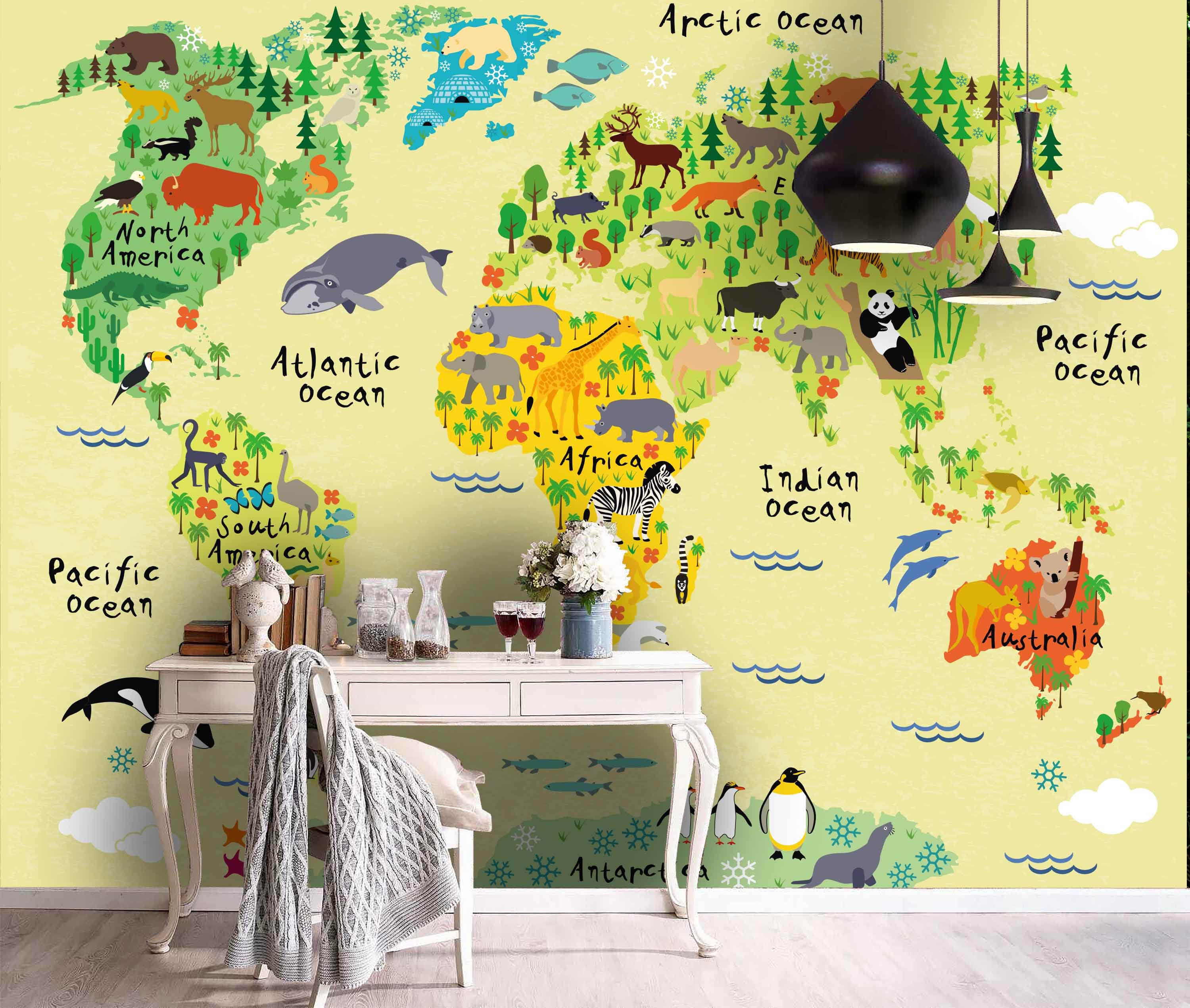 3D Kids, Tropical Animal, World Map Wallpaper-Nursery