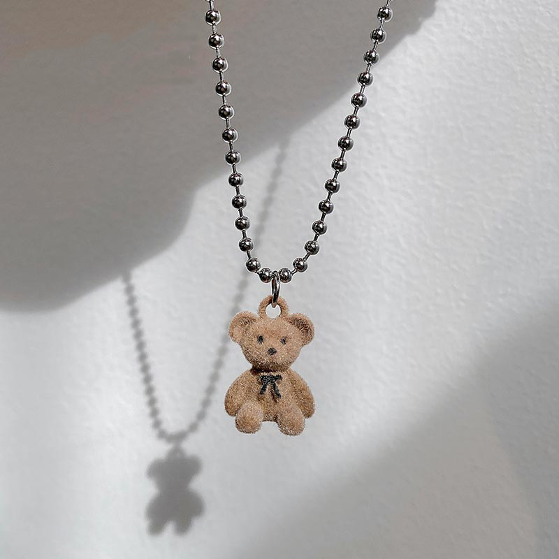 2021 Cute Brown Flocking Bear Pendant Necklaces Women Girls Lovely Bears Charm Pendant Sweater Chain Necklace Jewelry Gift alx