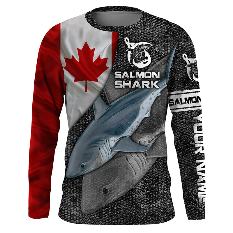 Canadian Flag Salmon Shark Fishing Custom Long Sleeve Performance Fishing Shirts, Shark Fishing Jersey Nqs4112