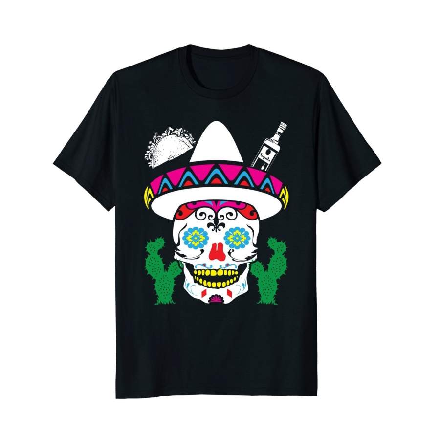 Sugar Skull Fiesta Sombrero Taco Cactus Tequila Cool T-Shirt Mens T Shirt