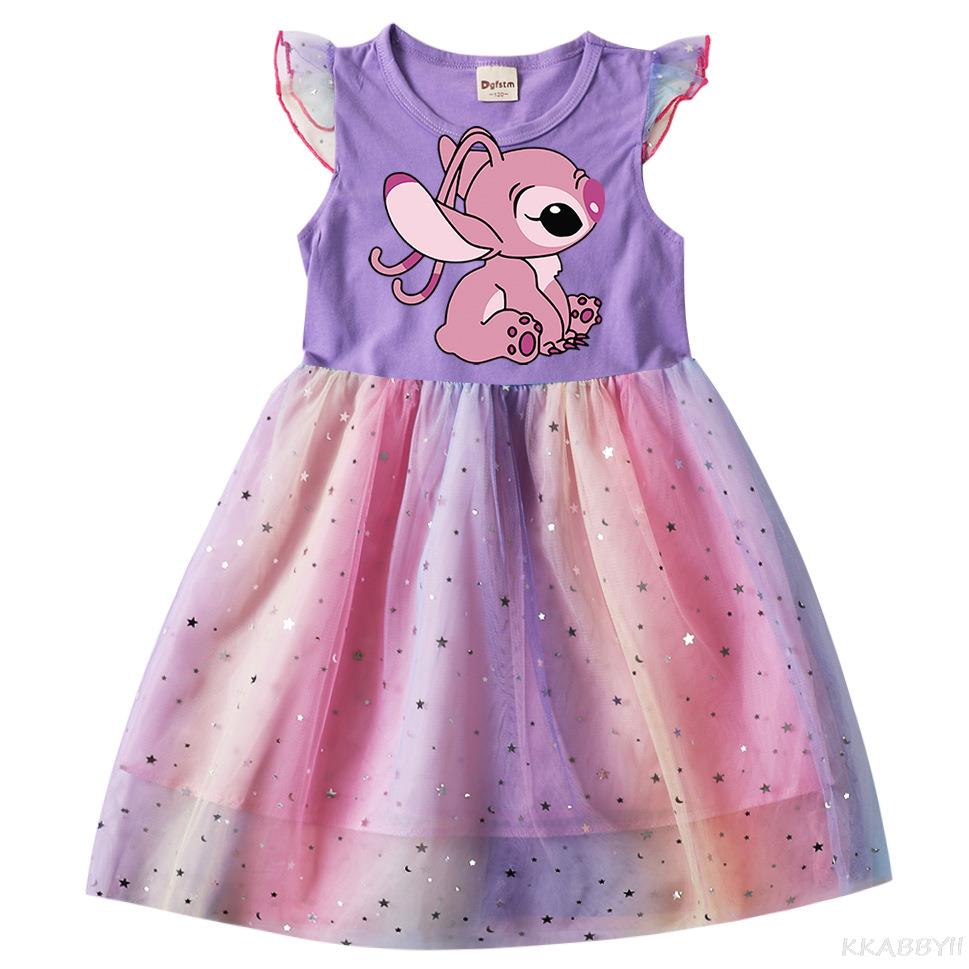 Stitch Summer Kids Dresses for Girls Short Sleeve T-shirt Dress Baby Children Birthday Clothing Cartoon Outfits alx