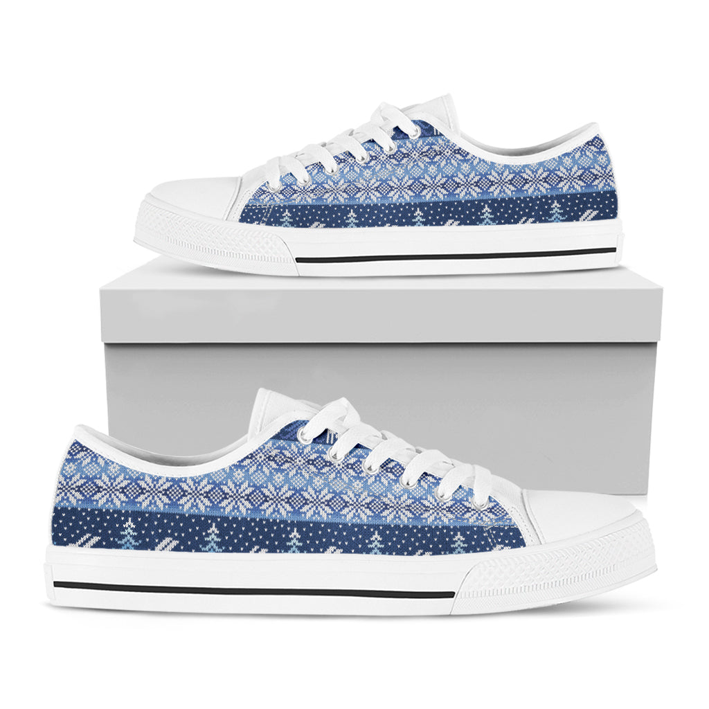 Snow Rabbit Knitted Pattern Print White Low Top Shoes