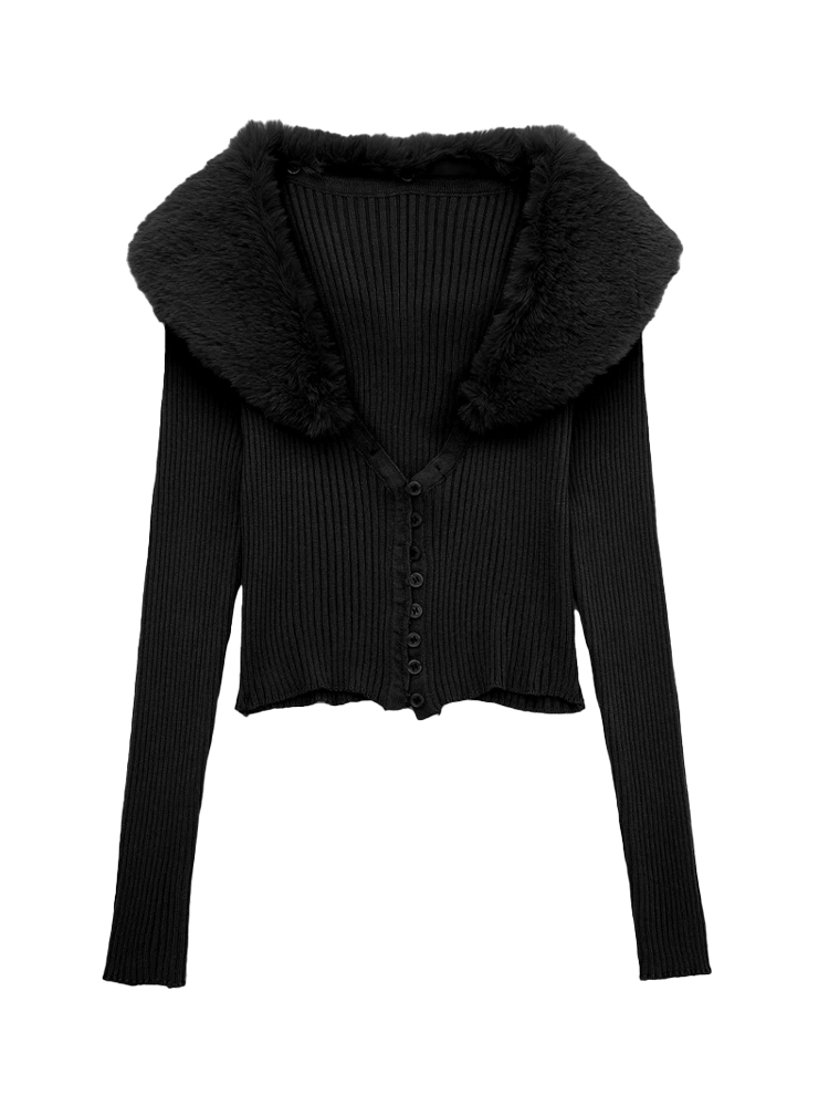 TRAF Women Fashion With Faux Fur Crop Knit Cardigan Sweater Vintage Long Sleeve Front Button Female Outerwear Chic Tops alx