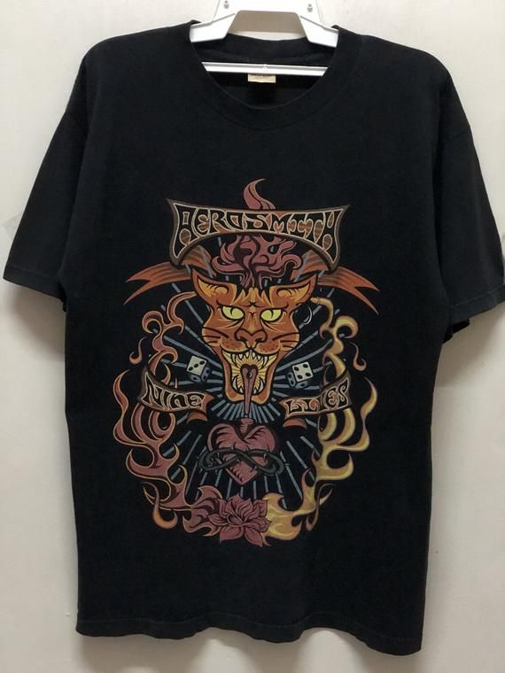 Vintage Aerosmith Nine Lives 1997 Album Promo Tour T Shirt Large Size Tatoo Style Print