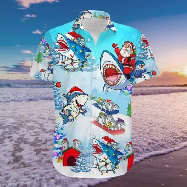 Funny Shark And Santa Claus Merry Christmas Aloha Hawaii Shirts Unisex Ha93744