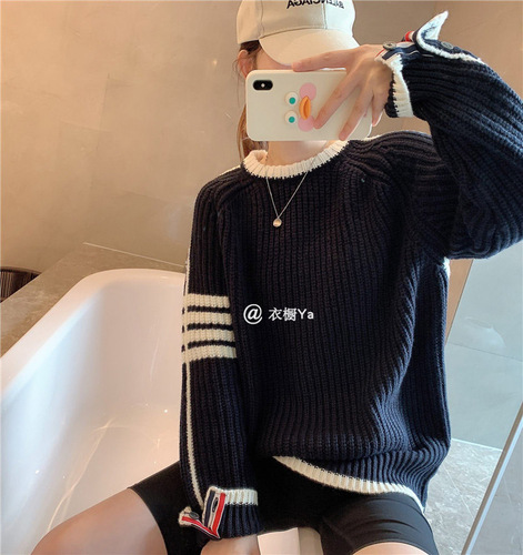 Spring New TB Korean College Style Outer Wear Thick Needle Pullover Sweater Loose and Lazy Style Casual Knitted Sweater Net Red alx