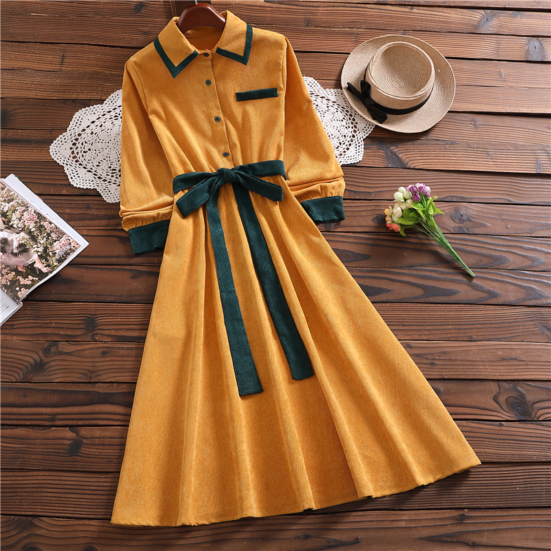 Spring autumn elegant mori girl sweet vestidos new fashion long sleeve lady corduroy dress alx