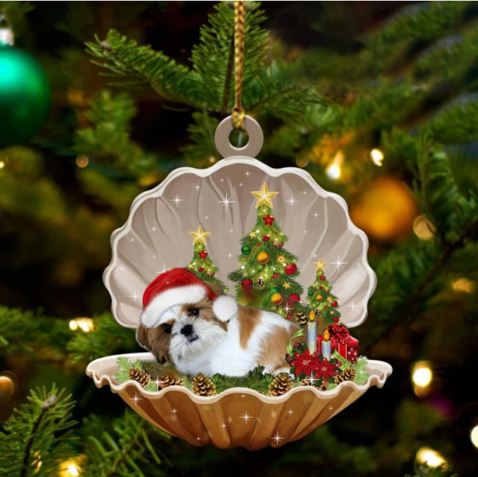 Gold White Shih Tzu-Sleeping Pearl In Christmas Two Sided Ornament