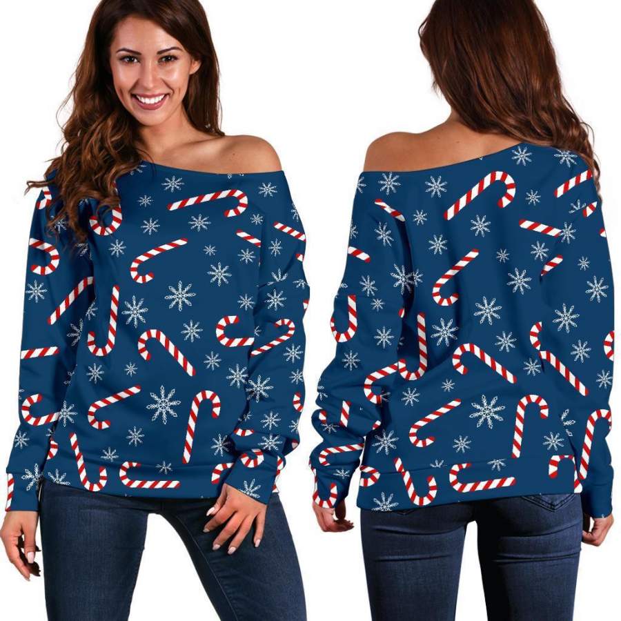 Snowflake Candy Cane Pattern Print Women Off Shoulder Sweatshirt