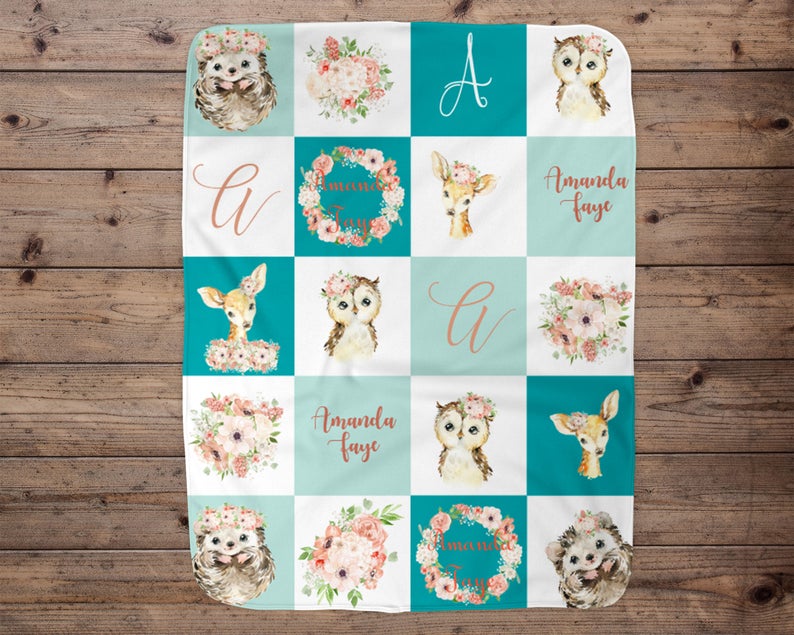 Woodland Animal Personalized Baby Blanket, Baby Blanket, Name Baby Blanket, Girl Baby Gift, Floral, Gift For Girl, Blanket Girl