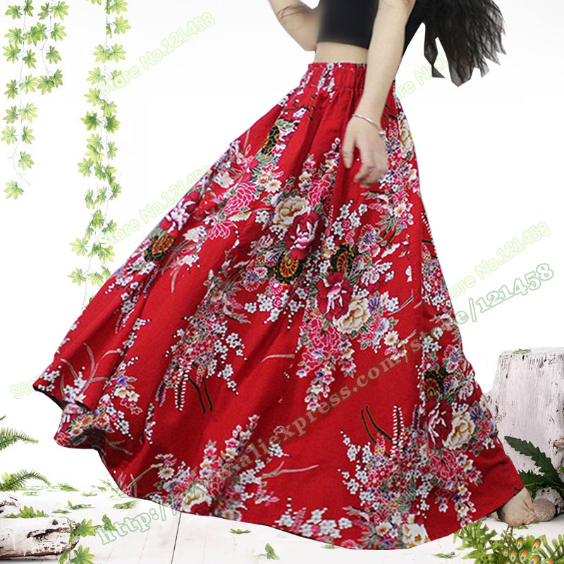 Summer Female Clothing National Style Casual Cotton Linen Big Red Floral Flower Pattern Elegant Long Maxi Skirts for Womens alx