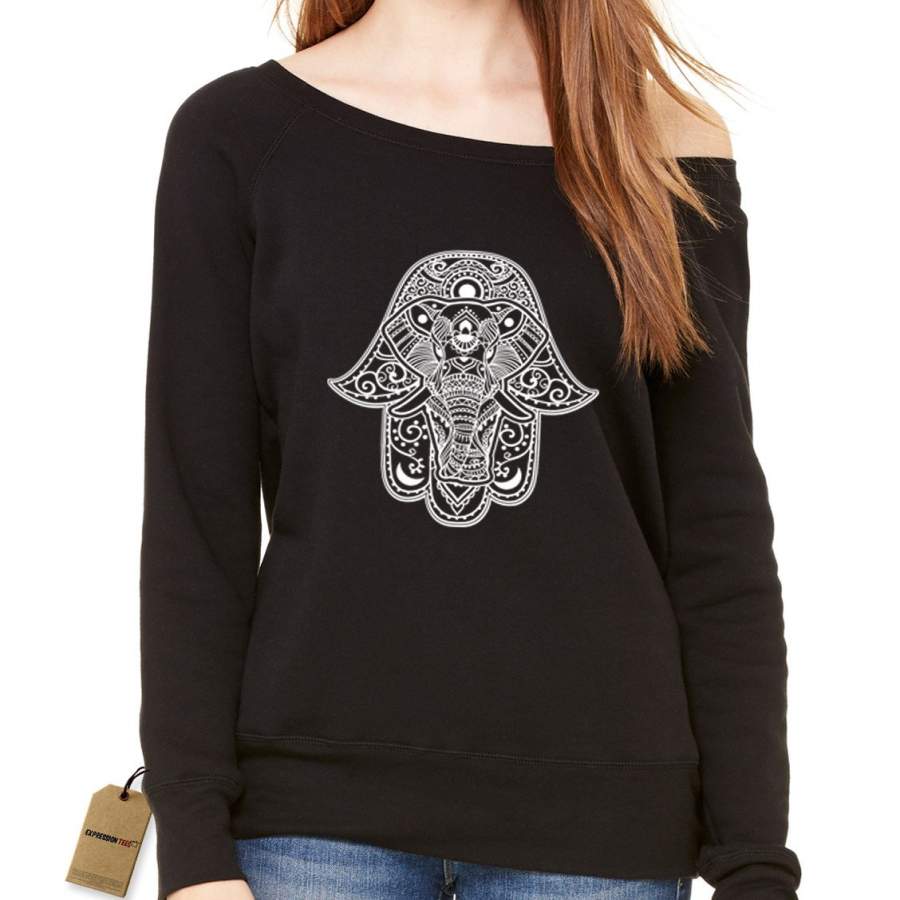 Hamsa with Elephant Mandala Slouchy Off Shoulder Oversized Sweatshirt