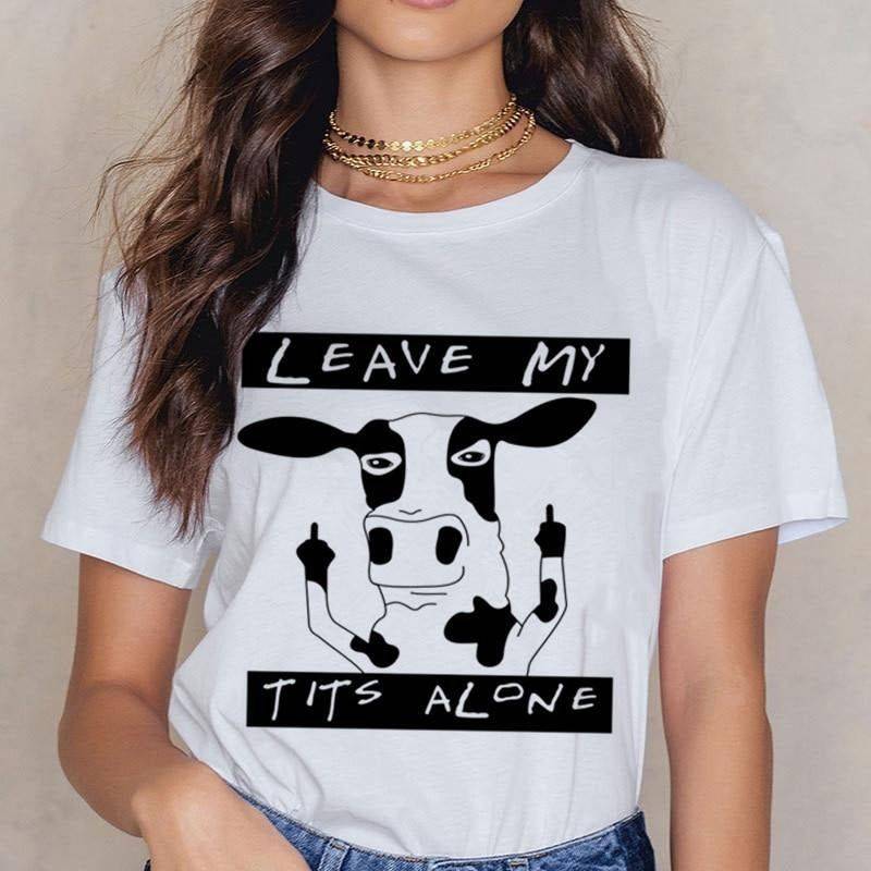 Crushtee Leave My Tits Alone Cow With Fingers T Shirt Vegan Tee Shirt For Women Girls Travel Summer Clothing Perfect Gift Long Sleeve Hoodie
