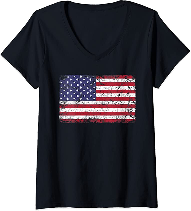 Womens 4th of July American Flag Vintage USA Men Women Patriotic V-Neck T-Shirt