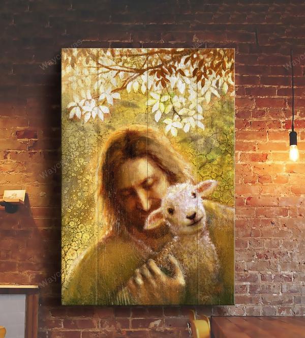 Jesus Hugging The Lamb – Jesus Portrait Canvas Print – Poster And Canvas Art Wall Decor