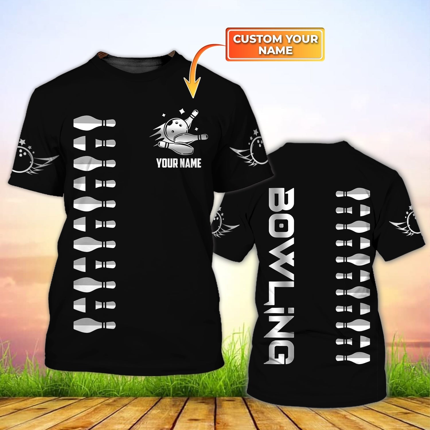 Custom 3D Black Bowling T Shirt, Bowling Shirts Custom, Bowling Shirt