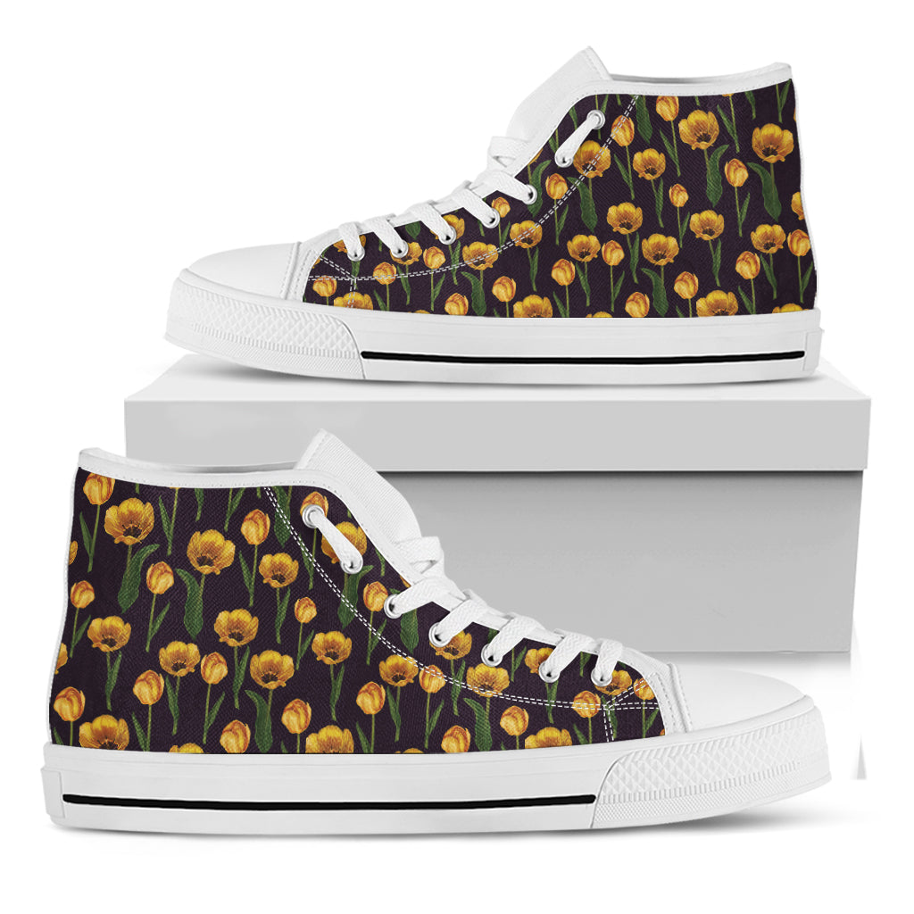 Yellow Tulip Flower Pattern Print White High Top Shoes