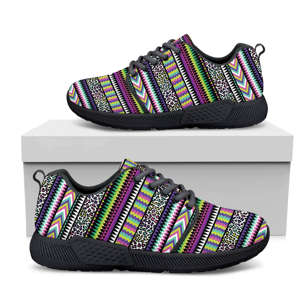 Colorful Leopard Navajo Tribal Print Black Athletic Shoes