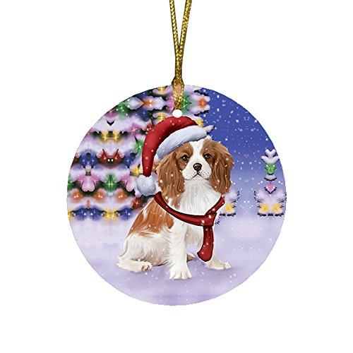 Winterland Wonderland Cavalier King Charles Spaniel Puppy Dog In Christmas Holiday Scenic Background Round Ornament