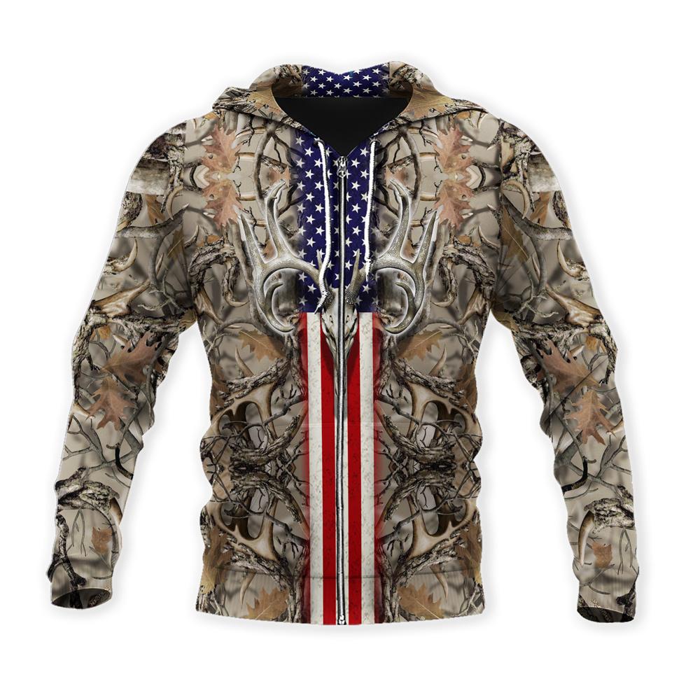 ViticStore™ Deers Hunting US Flag 3D Tortilla Brown Shade All Over Printed XL Zip-Hoodie For Men