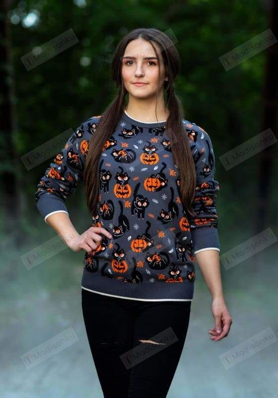 Adult Quirky Kitty Halloween Ugly Christmas Sweater, All Over Print Sweatshirt