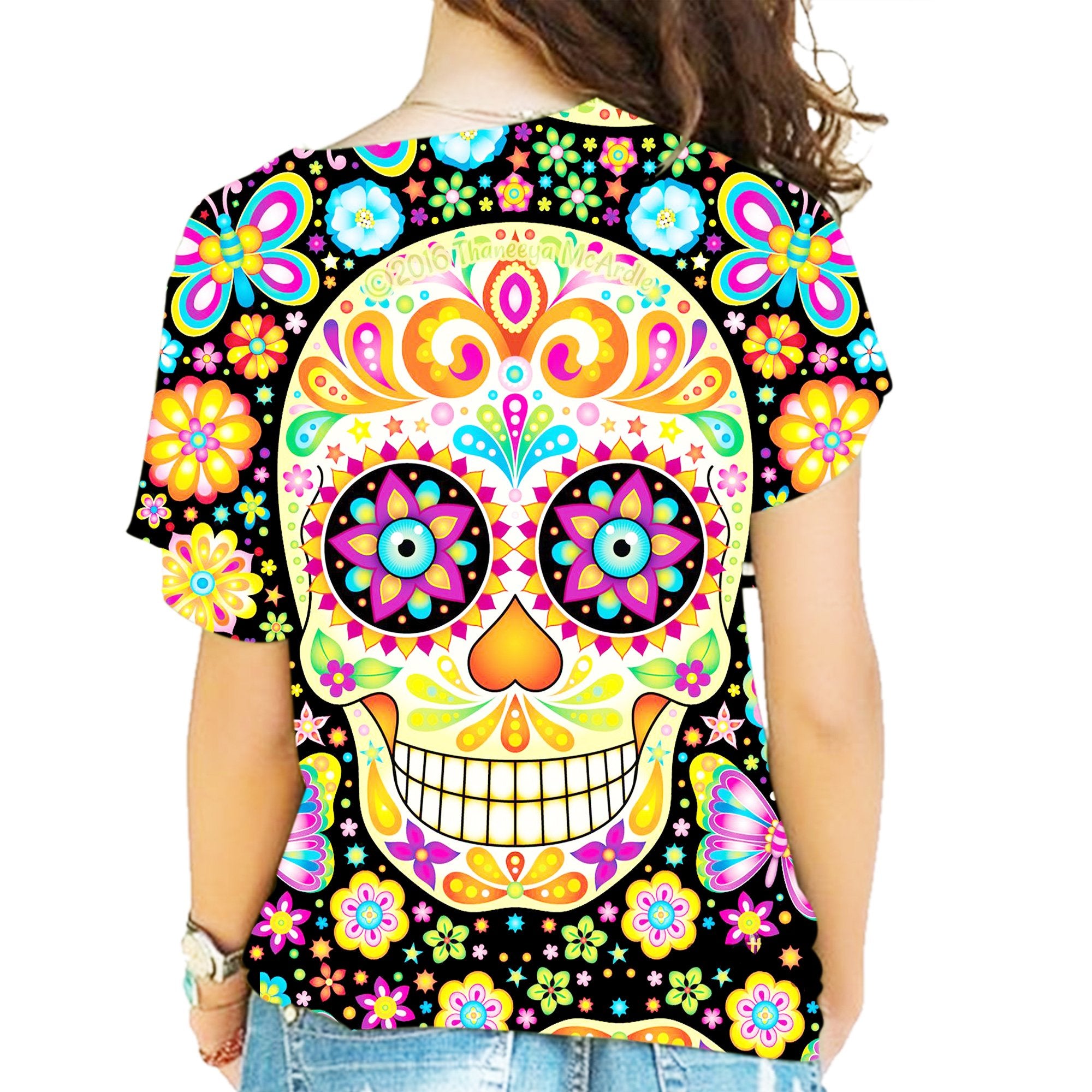 Skull34 Candy Floral Pattern Cross Shoulder Shirt