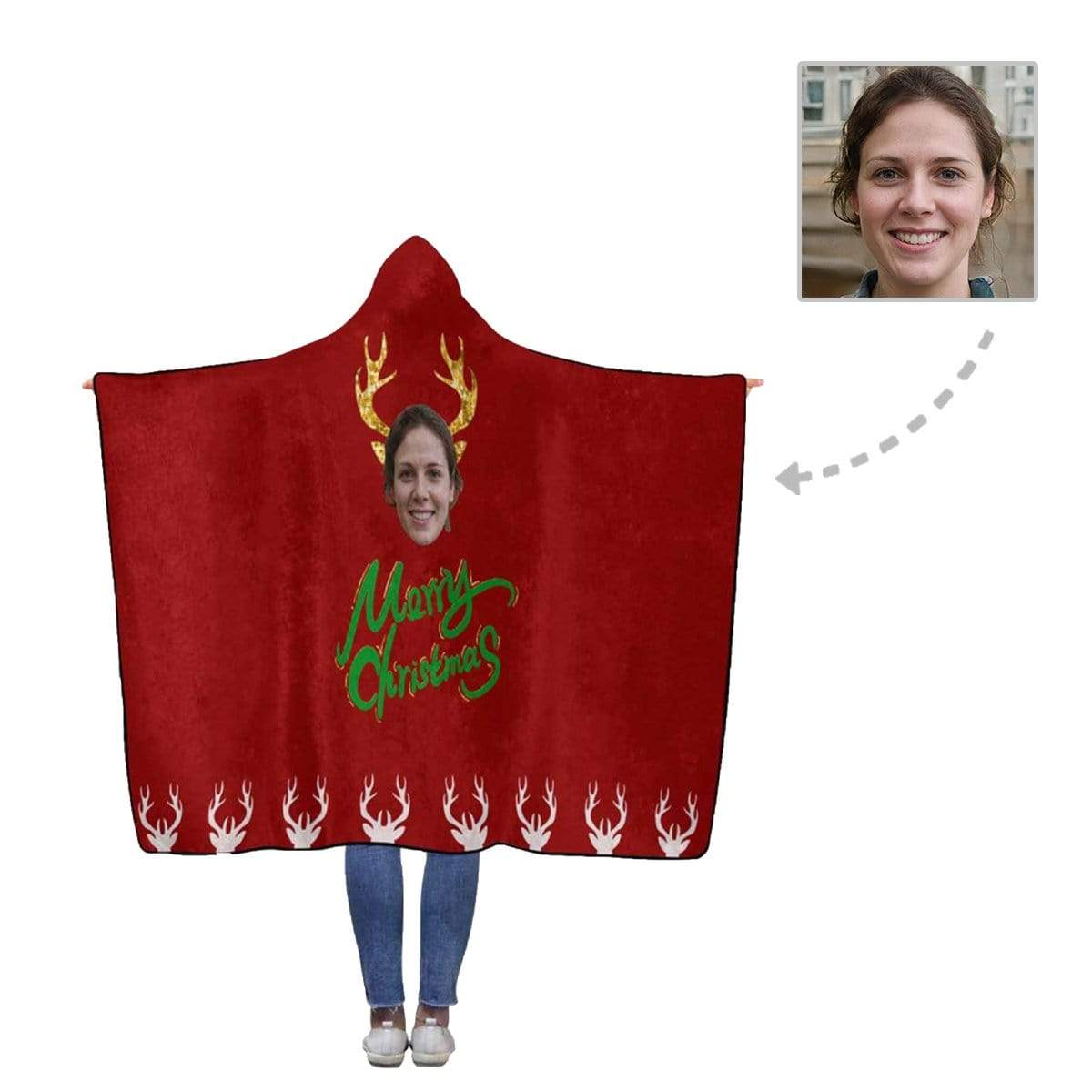 Custom Face Merry Christmas Wapiti Flannel Hooded Blanket