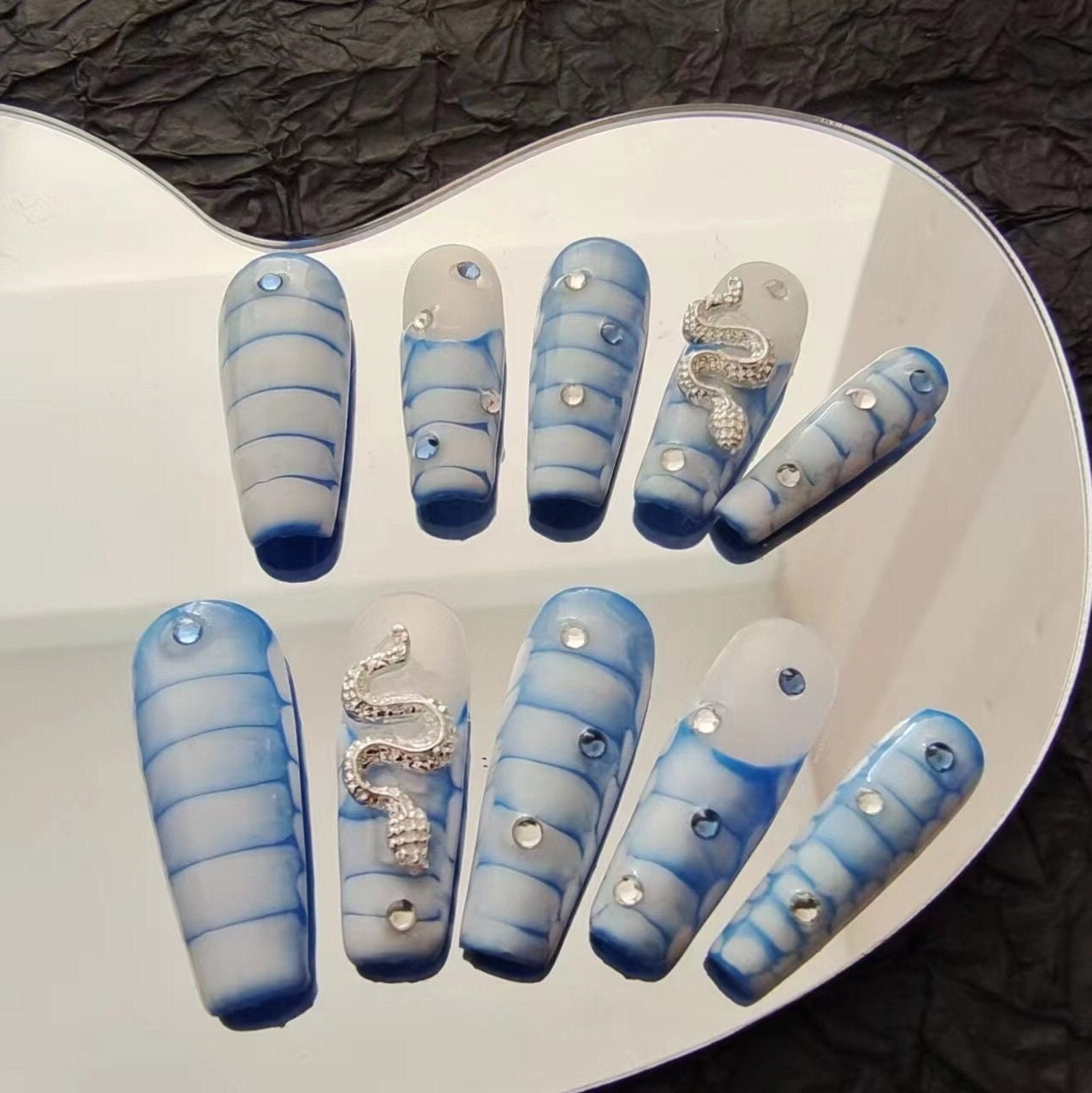 Baby blue and White Croc Design Press on Nails/Snake Skin Fake Nails/ Gothic Nails/Y2k Nails/Reptile Nails/Gift for Her #152