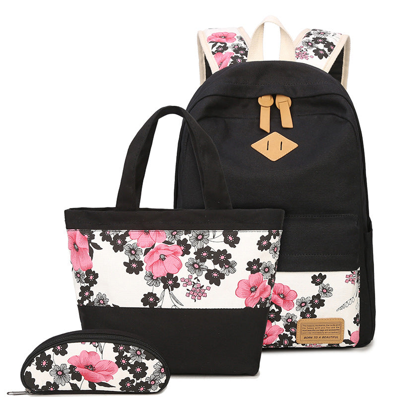 Canvas Plum Blosso Flower Printing Women Backpack Set School Students Teens Girl Bookbag For Lunch
