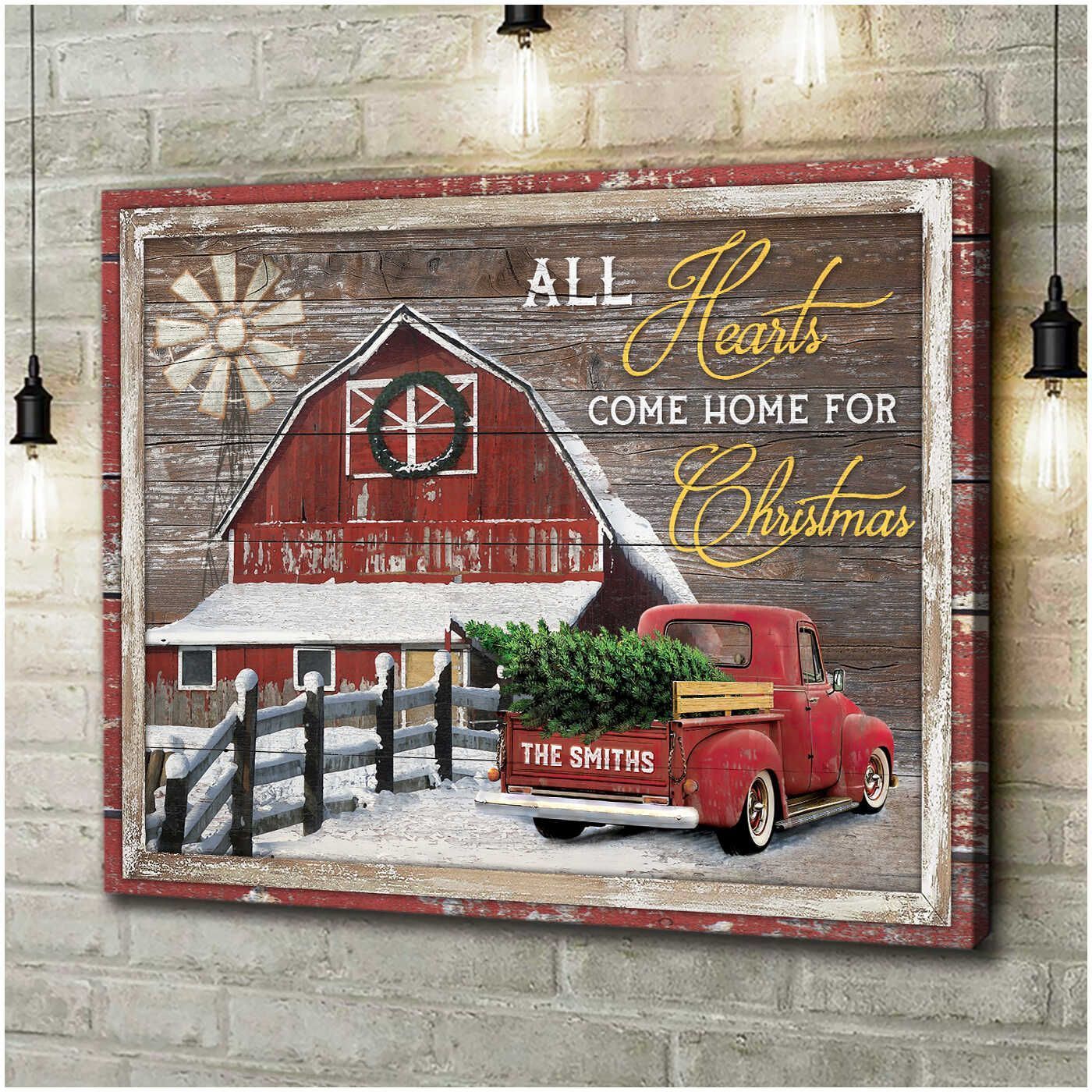 Custom Canvas Prints Farmhouse Personalized Wall Decor Pickup Truck And Red Barn All Hearts Come Home For Christmas Gift For Family, Wall Art Decor, Canvas Print, Home Decor