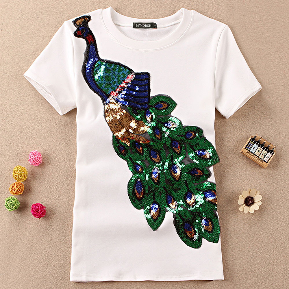 Women’s Cotton T Shirts Short Sleeve Peacock Sequins Embroidery Tops For Women Size 5XL T Shirts Black White Ladies Summer Tees alx