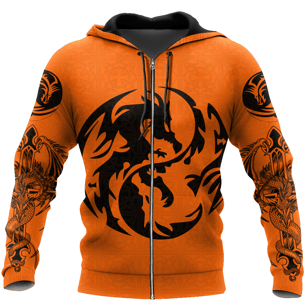 Dragon Tattoo Orange 3D Zip Up Hoodie Shirt For Men And Women