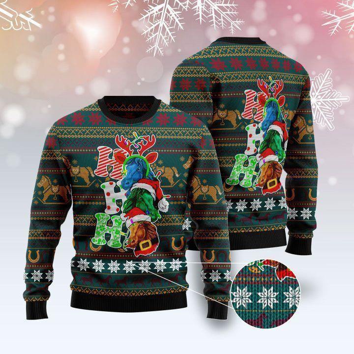 Unifinz Horse Christmas Ugly Sweater Three Horses Ho Ho Ho Christmas Patterns Green Sweater 2022