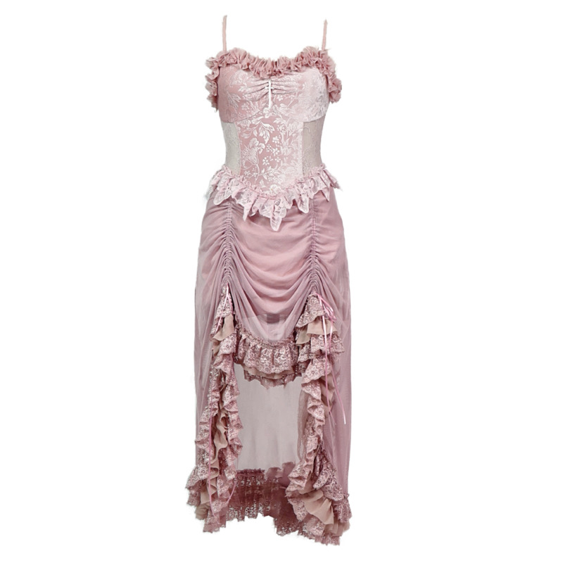 Blood Supply Original Pink Light Lolita Summer Dress Drawstring Asymmetric Slip Dress Lace Fly Sleeve Mesh Fairy Gothic Dress alx