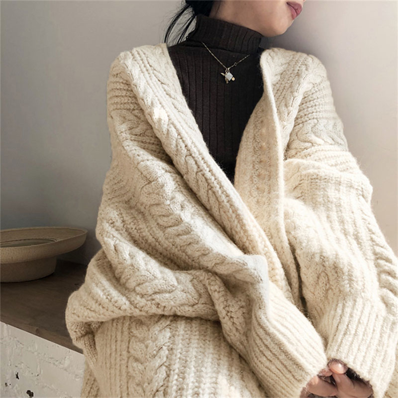 Autumn Winter Newly Chic Women’s Knitted Cardigan Vintage Thick Long Sweaters Female Loose Twist Coat Plain Streetwear alx