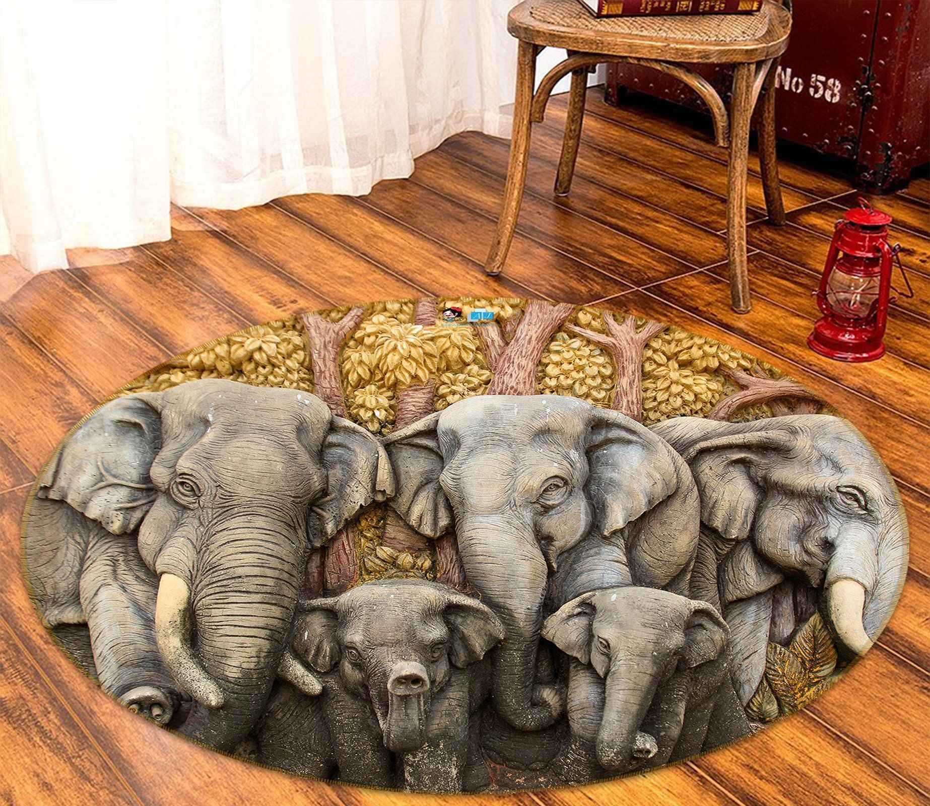 3D Elephant Statue 80252 Round Rug – Round Carpet Home Decor