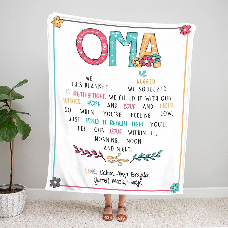 Personalized Oma Throw Blanket, Birthday Mothers Day Christmas Gift For Grandma Mimi Nana Gigi From Grandkids